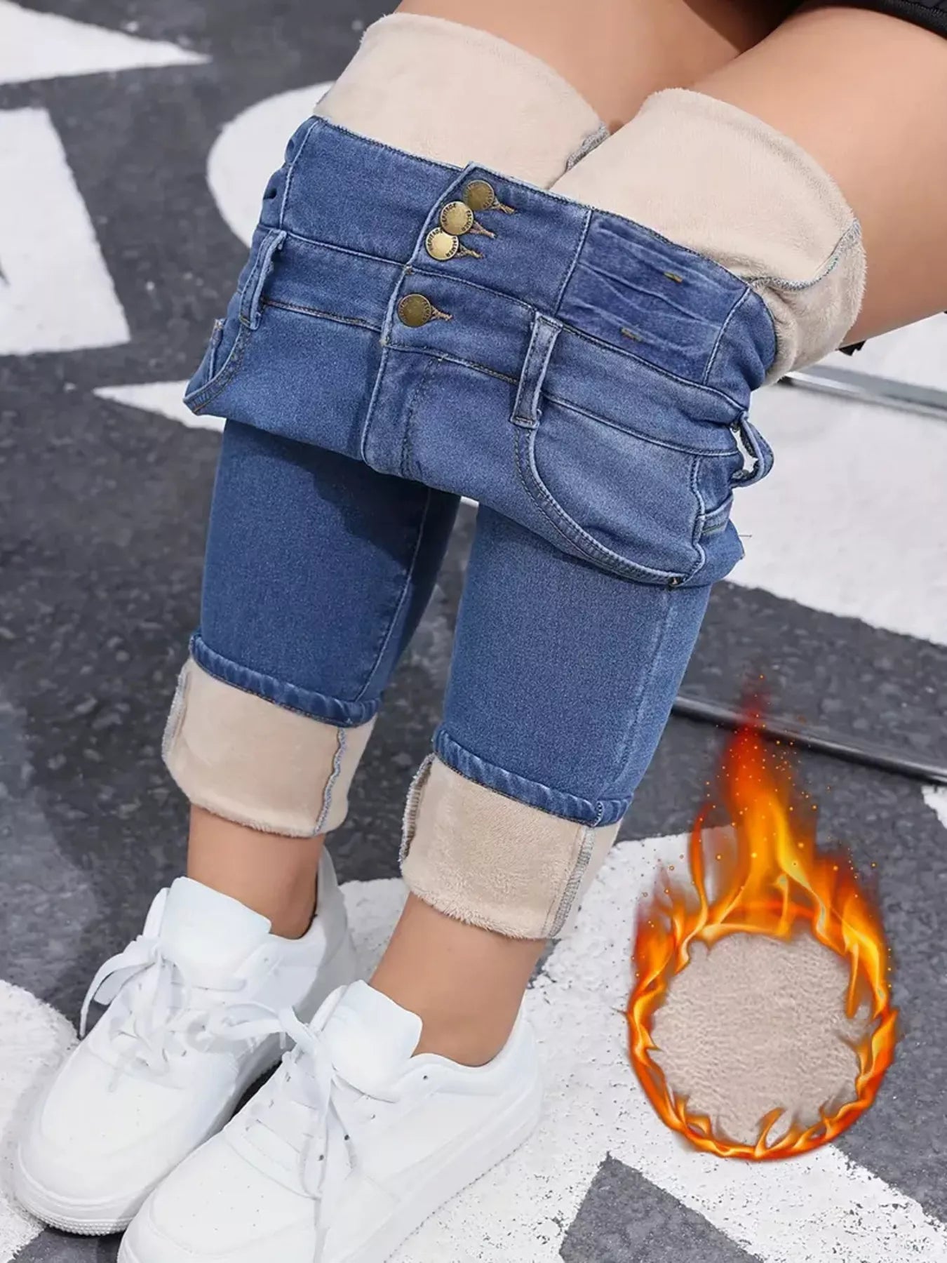 High-Waisted Slim Fit Fleece-Lined Jeans in Blue