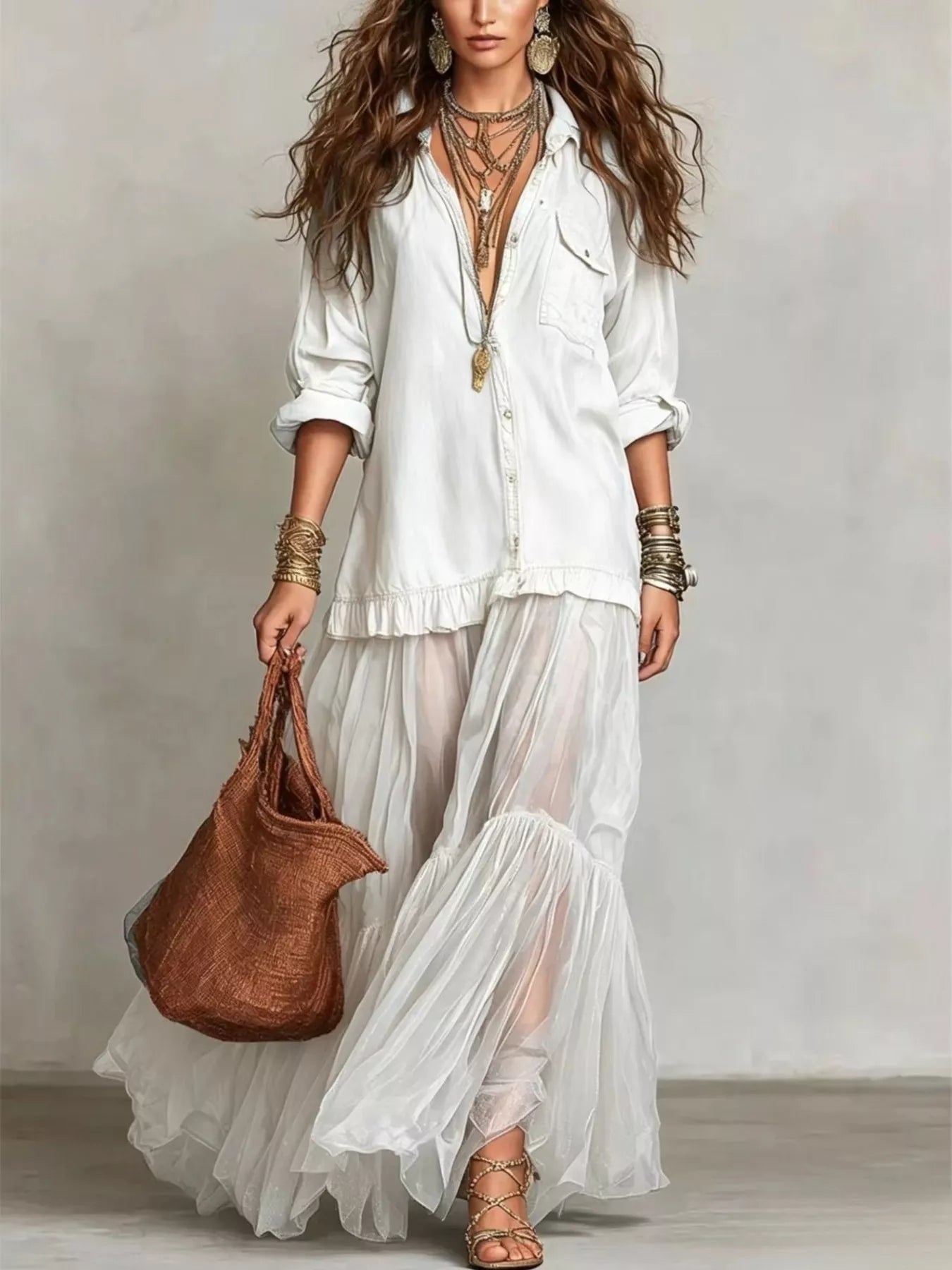 Tiered Long-Sleeve Denim Shirt Maxi Dress, Plus Size
