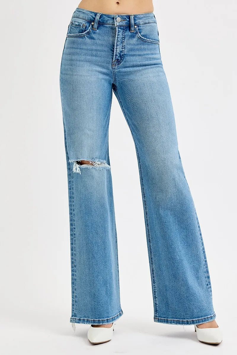 Risen Distressed Wide Leg Jeans in Medium Wash
