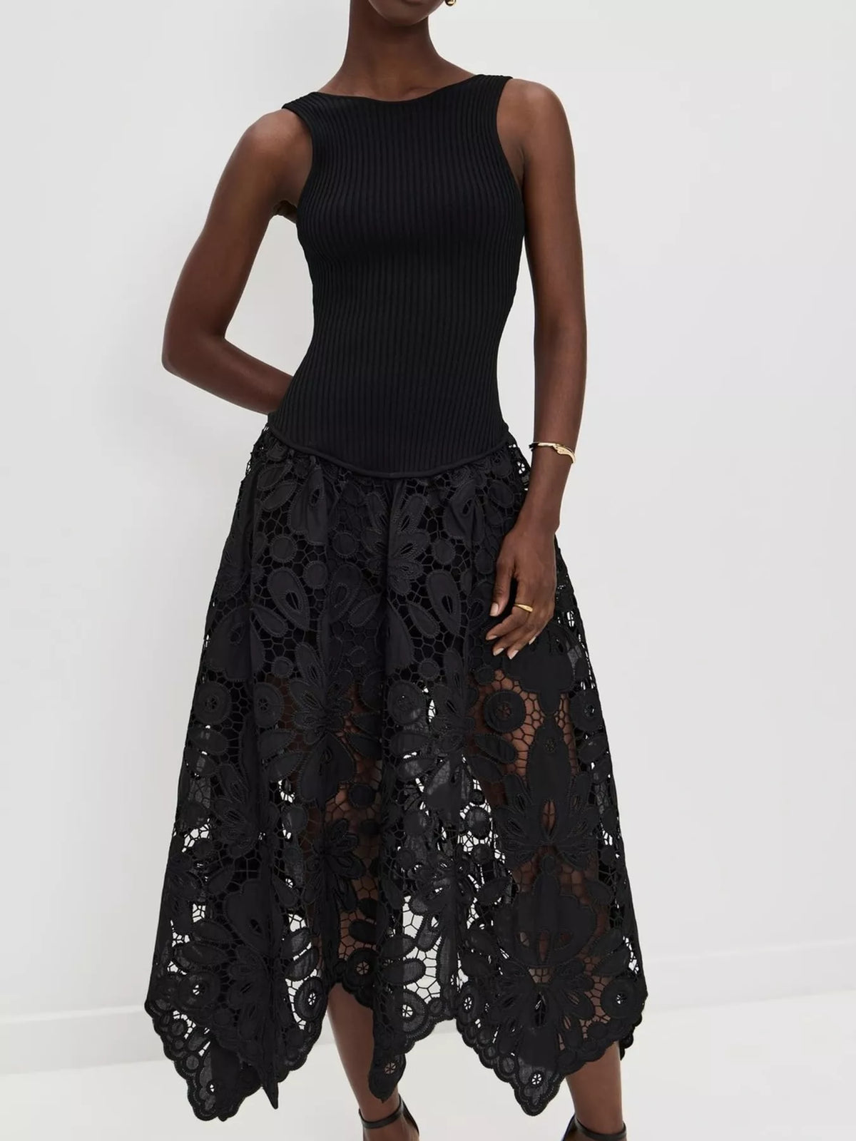 Ribbed Crochet Midi Dress in Black