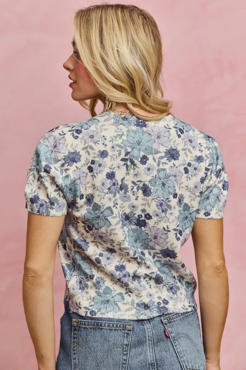 So Me Floral Print Short-Sleeve Knit Top in Blue