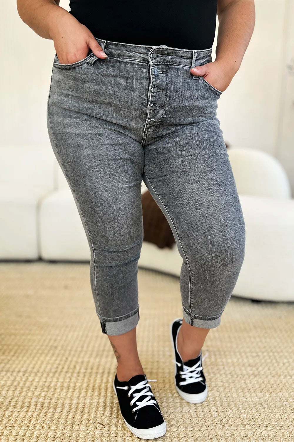Judy Blue Button Fly High Waist Cuffed Capris in Gray