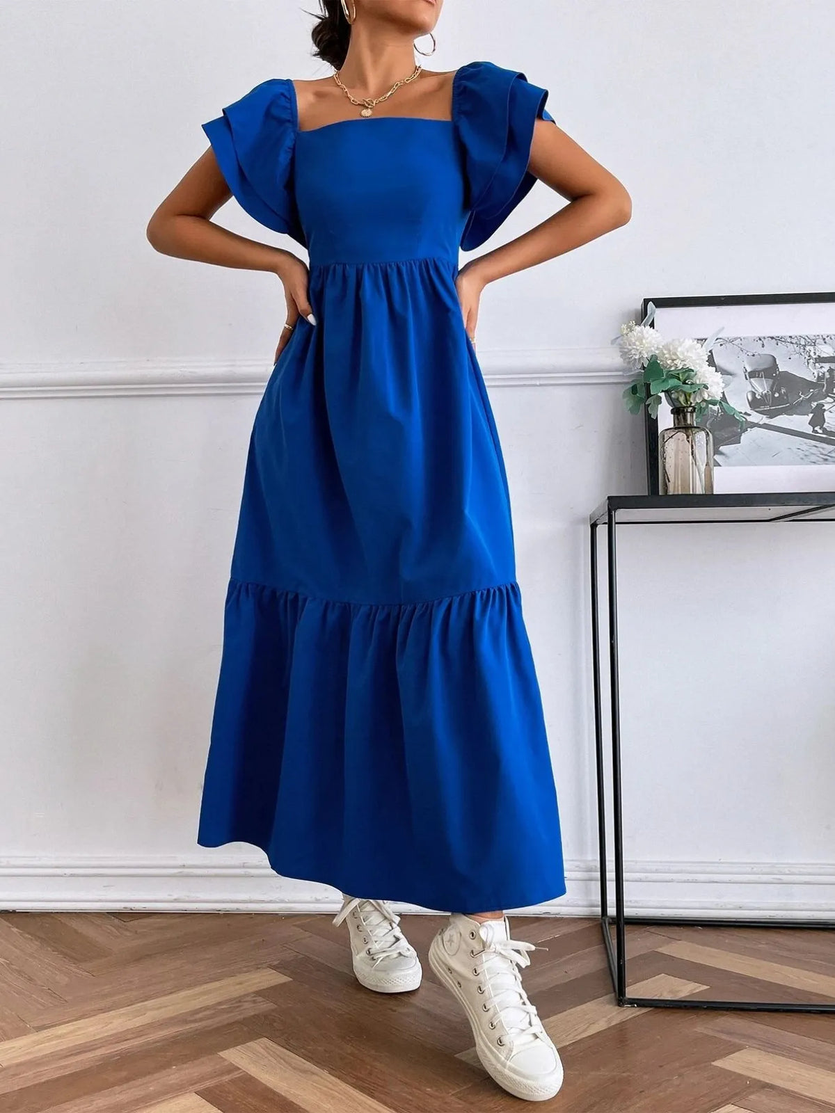 Tiered Ruffle Square-Neck Maxi Dress