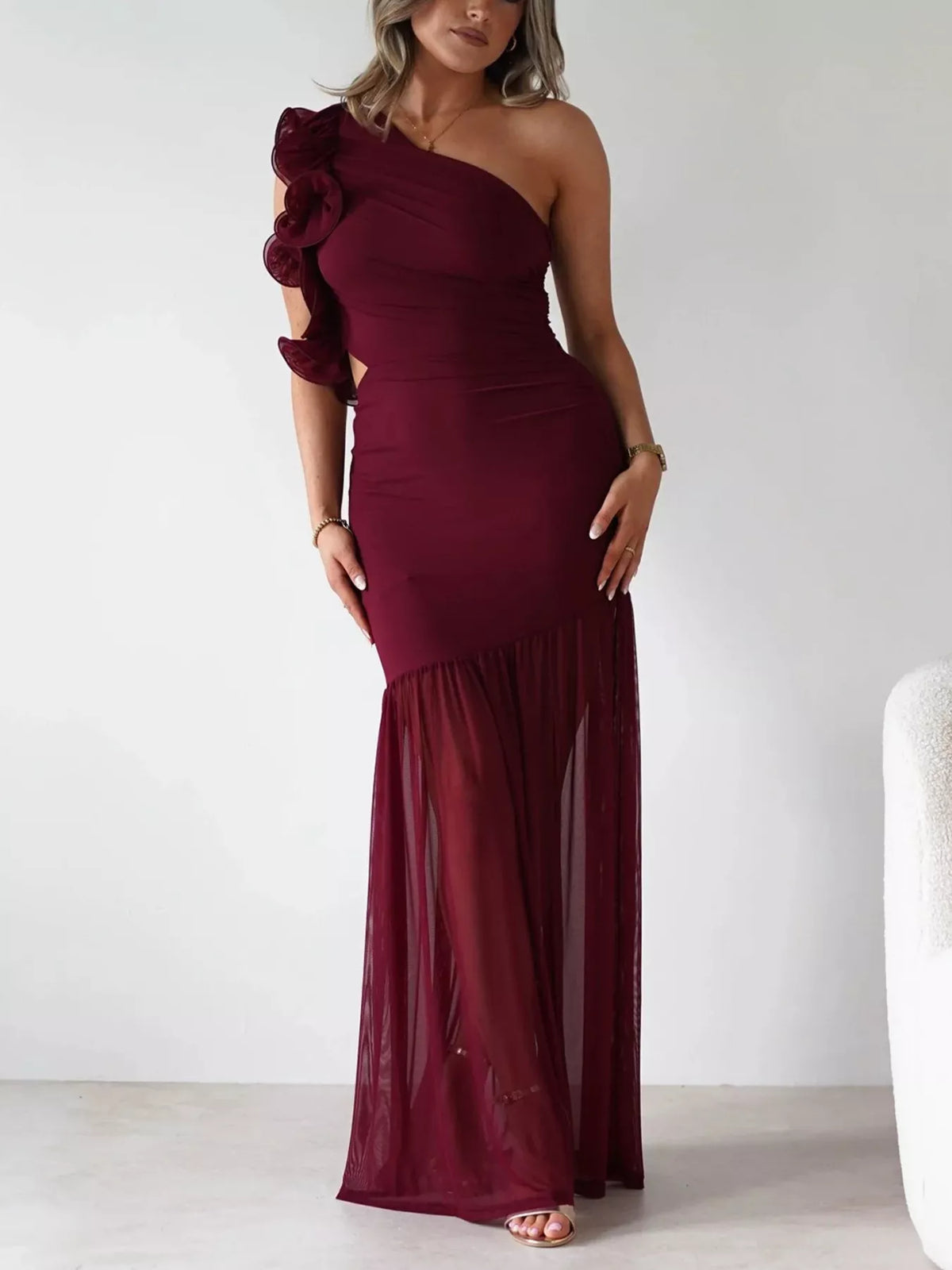 One-Shoulder Ruffle Trim Maxi Dress