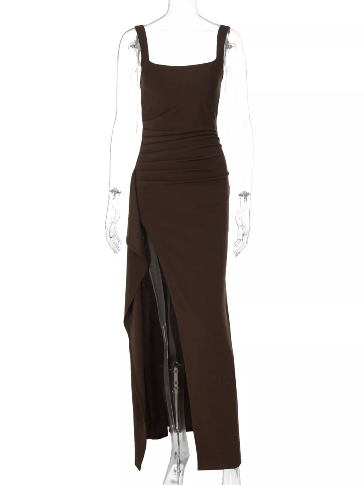 Ruched Slit Square Neck Maxi Dress