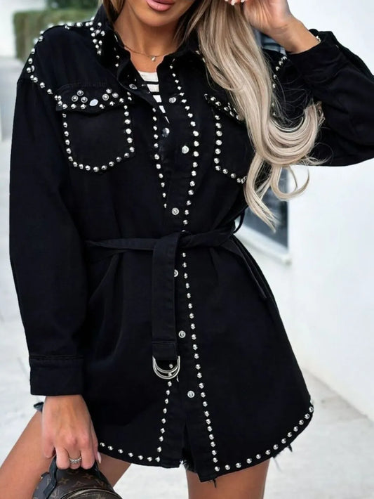Studded Snap Down Denim Shacket in Black by Y.Y@Denim