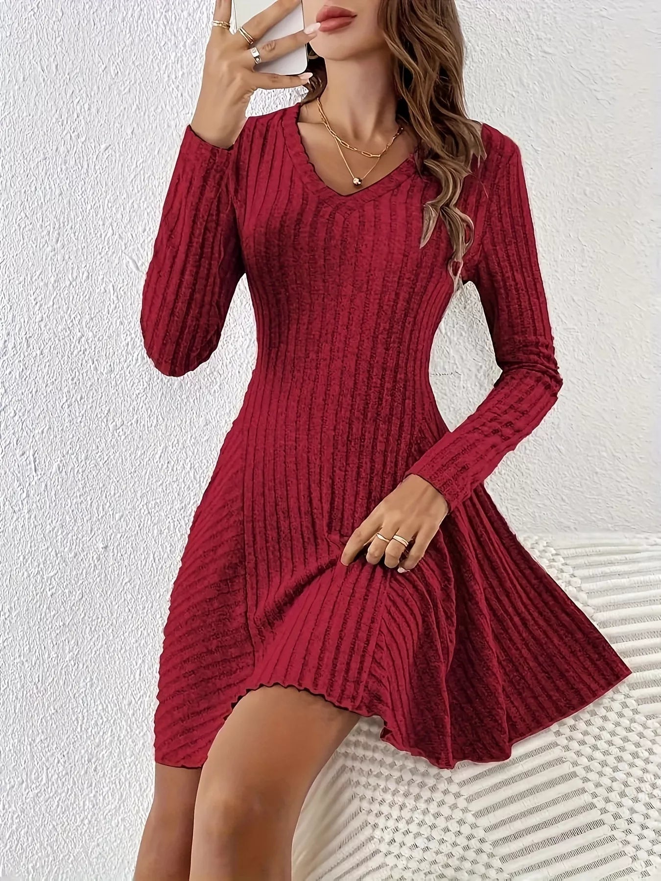 V-Neck Ribbed Knit Flared Dress