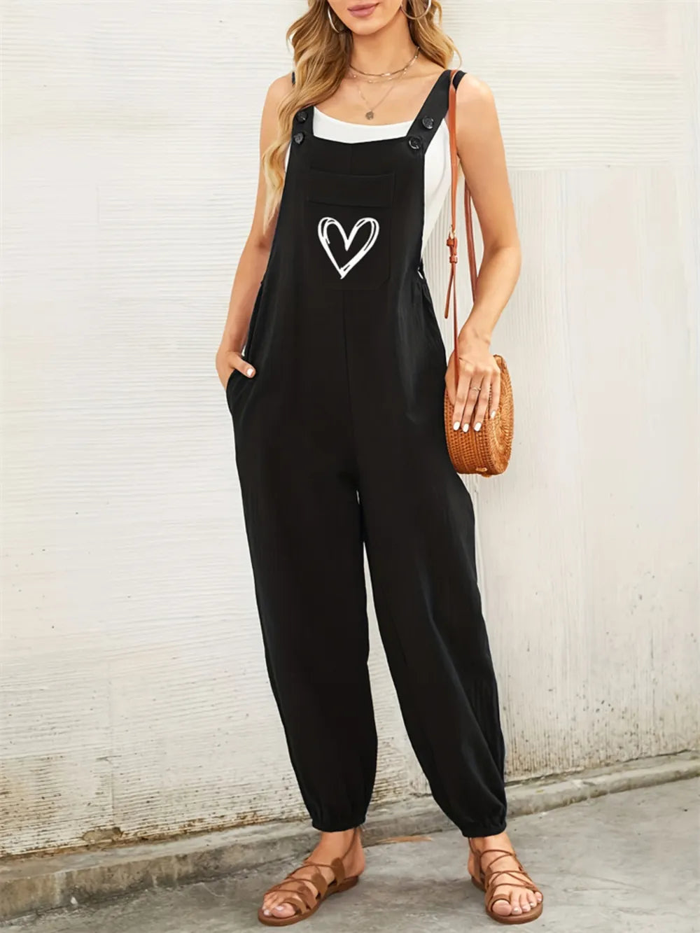 Heart Square Neck Wide Strap Overalls in Black