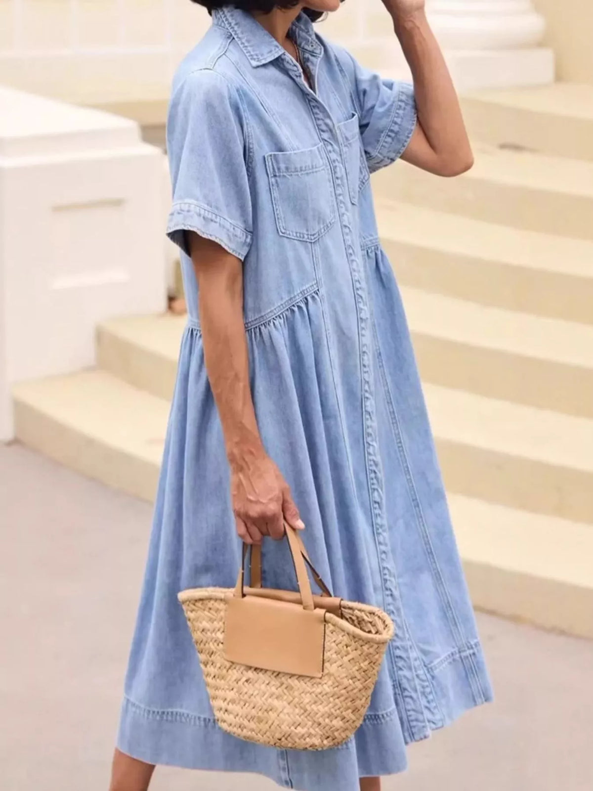 Button-Front Denim Midi Dress in Blue