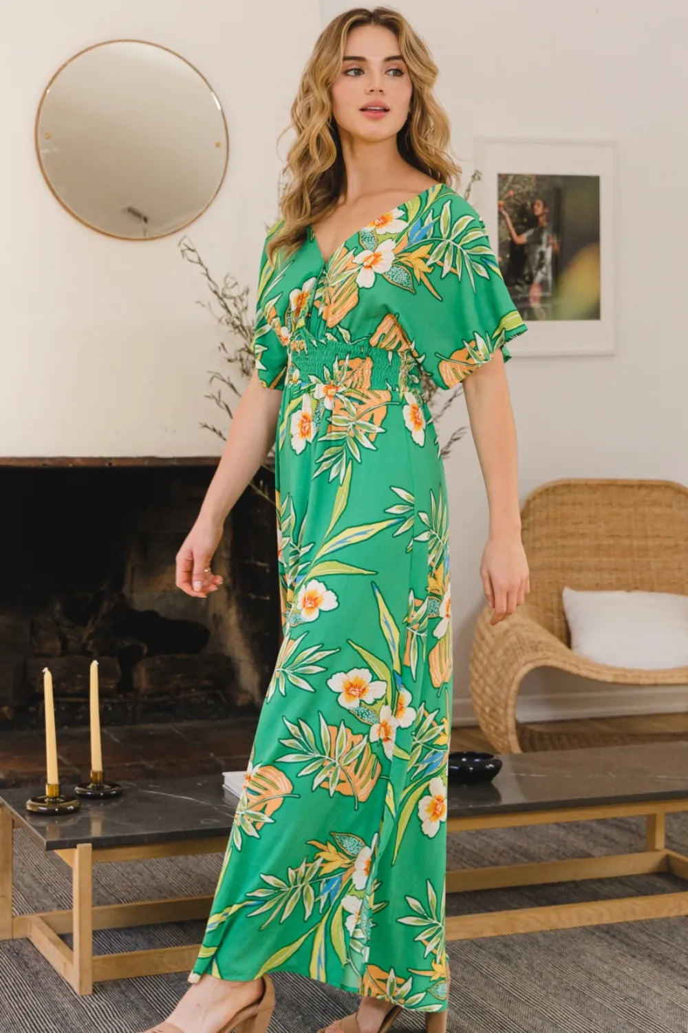 Floral Smocked Maxi Dress in Green in Green Multi