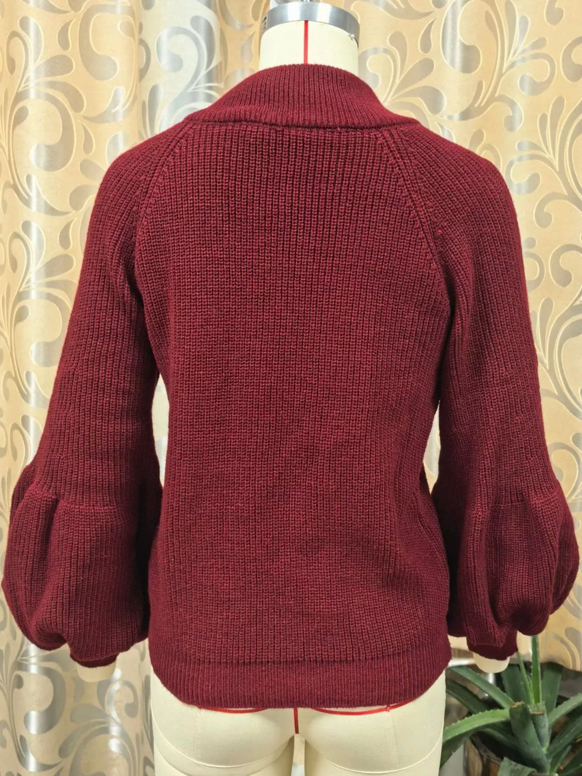 Ribbed Knit Zip-Up Cardigan with Lantern Sleeves