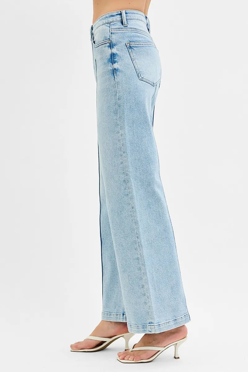 Risen High Waist Wide Leg Pintuck Jeans in Light Wash