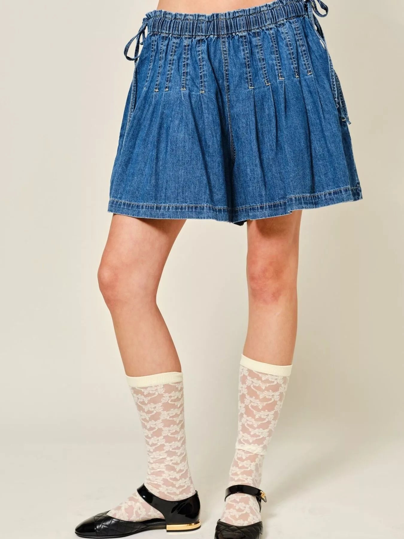Pleated Elastic-Waist Denim Shorts