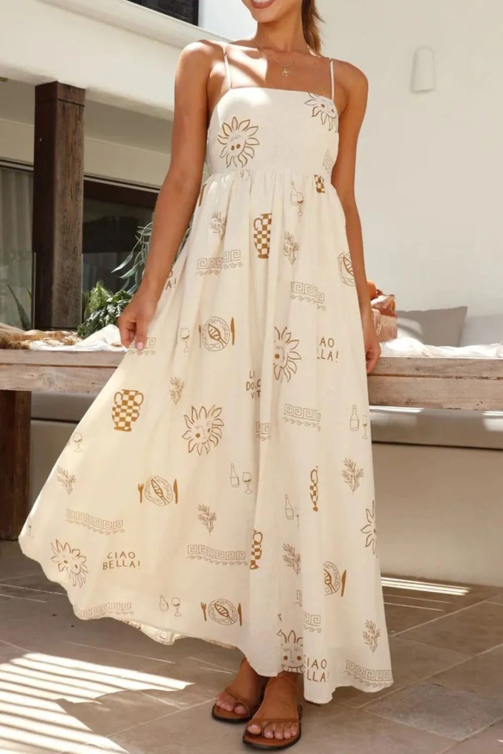 Printed Square Neck Cami Dress in Beige