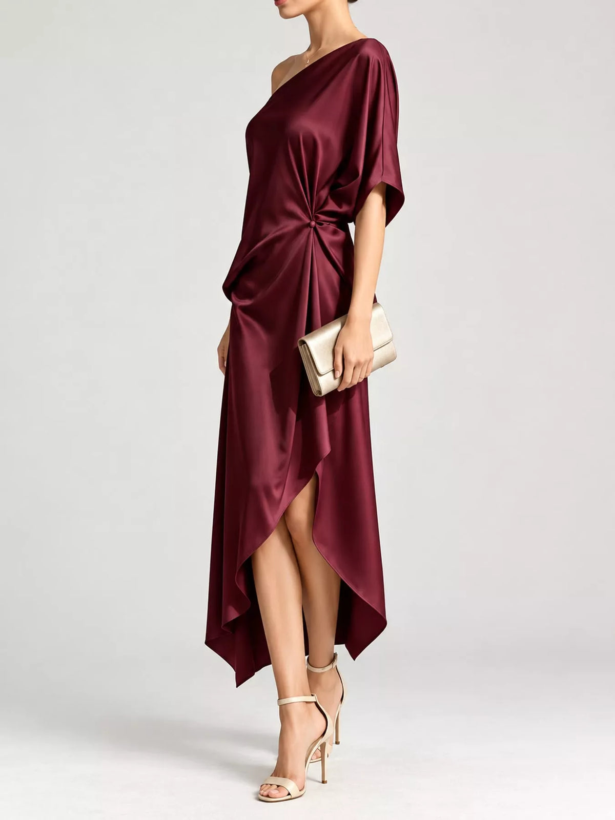 One-Shoulder Asymmetric Hem Midi Dress