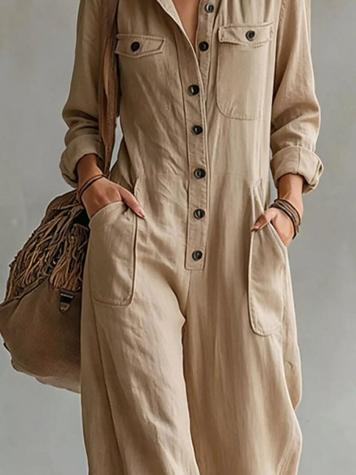 Long Sleeve Button Front Jumpsuit
