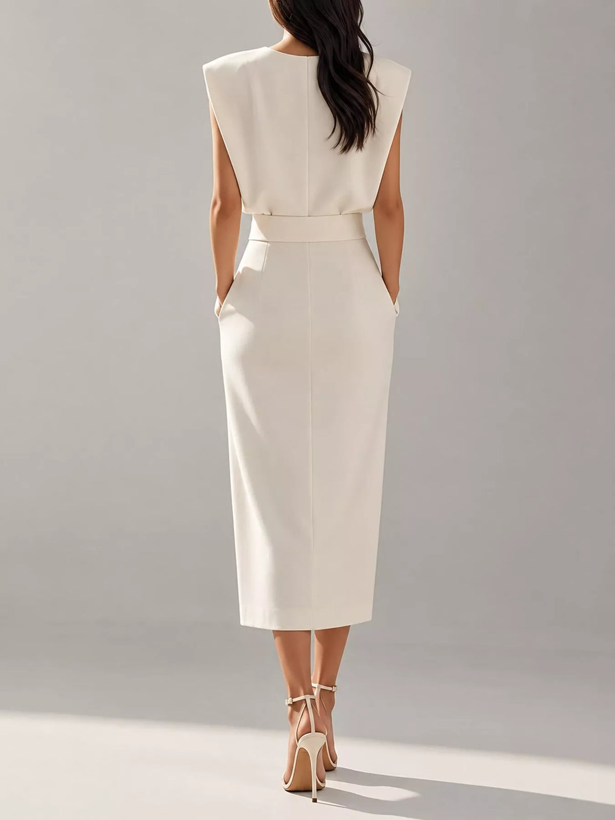 Sleeveless Midi Dress with Gold Button Detail
