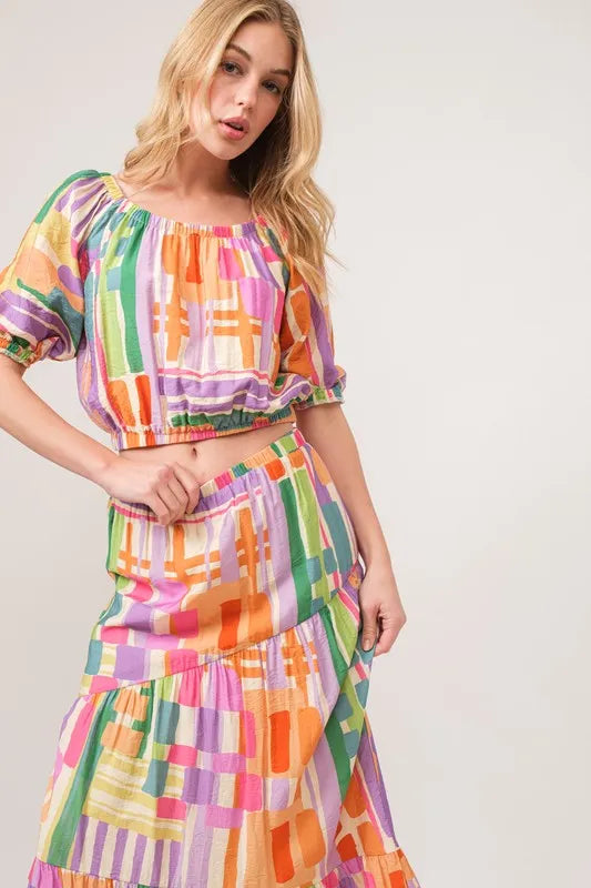 And The Why Geo Print Puff Sleeve Crop Top in Multi