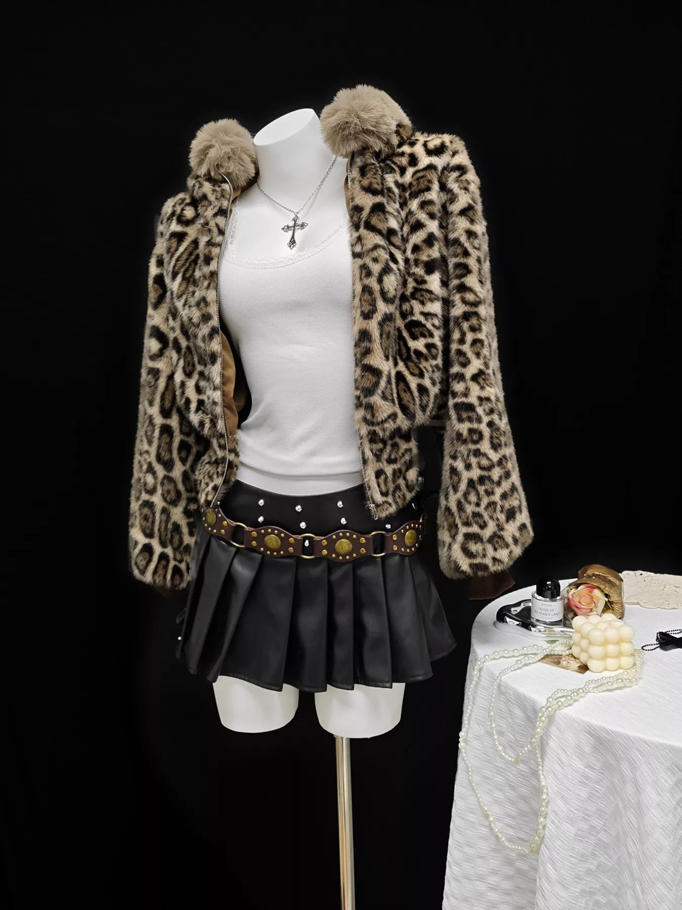 Leopard Faux Fur Hooded Jacket in Brown