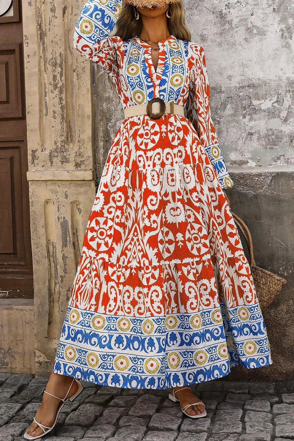 Printed Notched Long Sleeve Maxi Dress in Orange