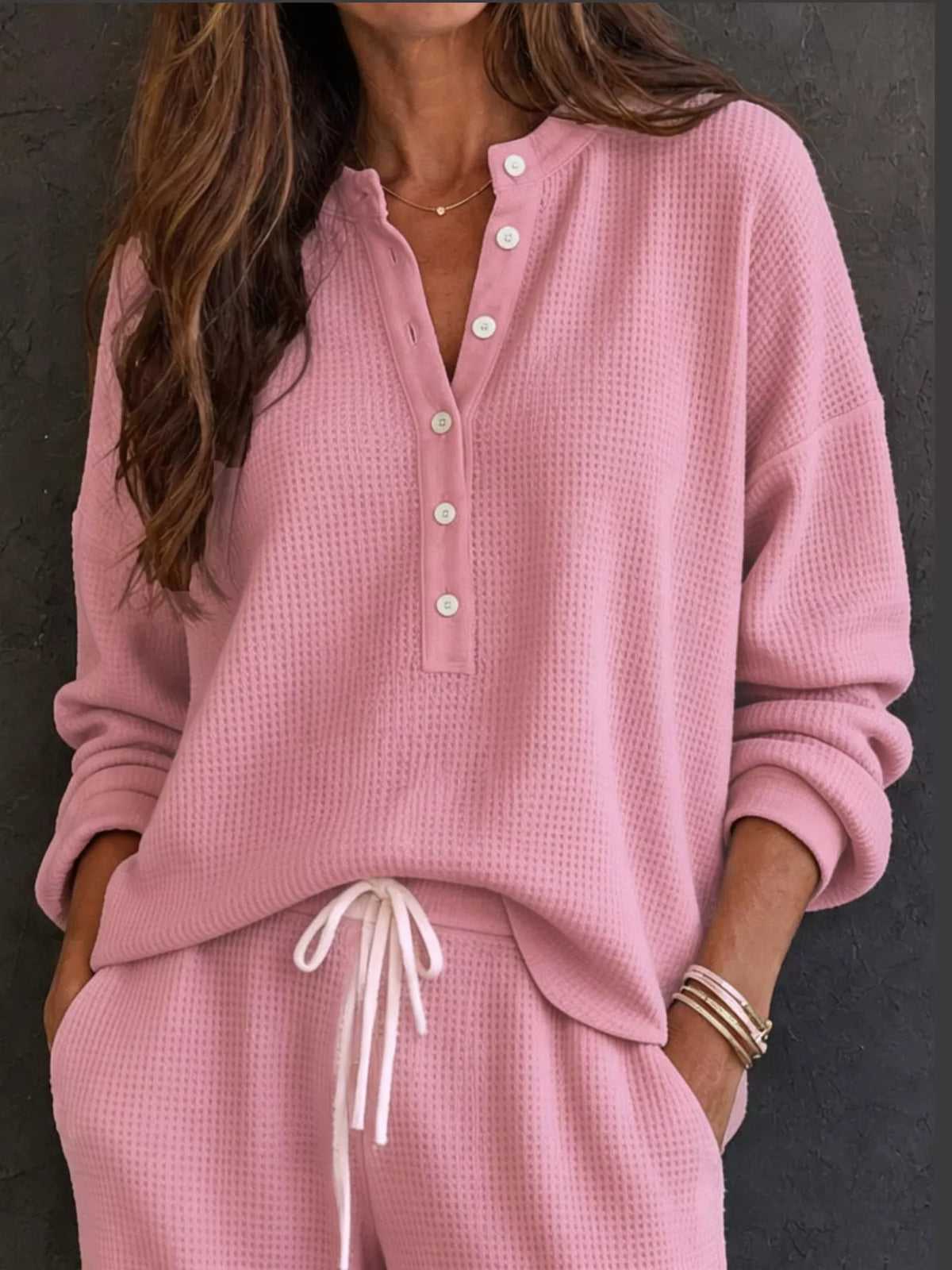 Waffle Knit Button Detail Top and Pants Set