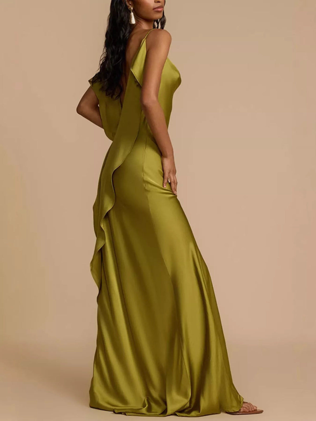 Satin Cowl Neck Slit Maxi Dress in Matcha in Matcha Color