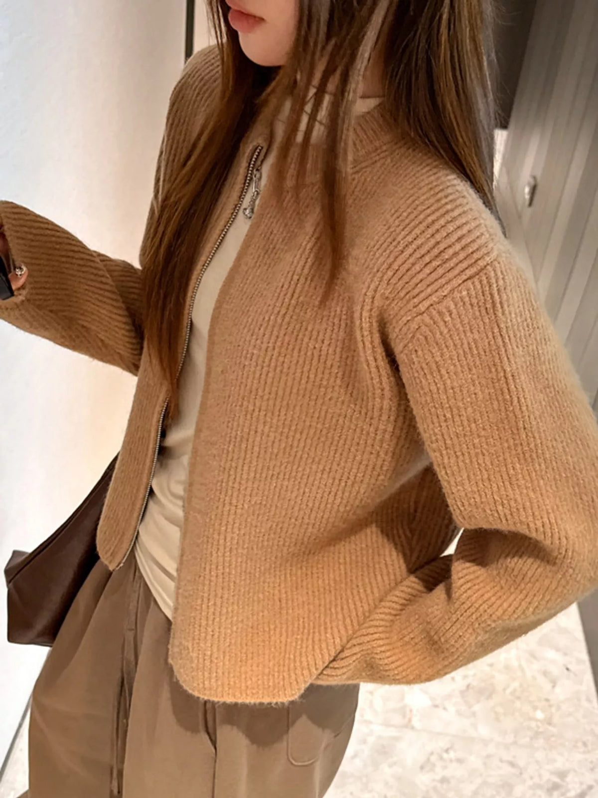 Zip-Up Dropped Shoulder Ribbed Cardigan