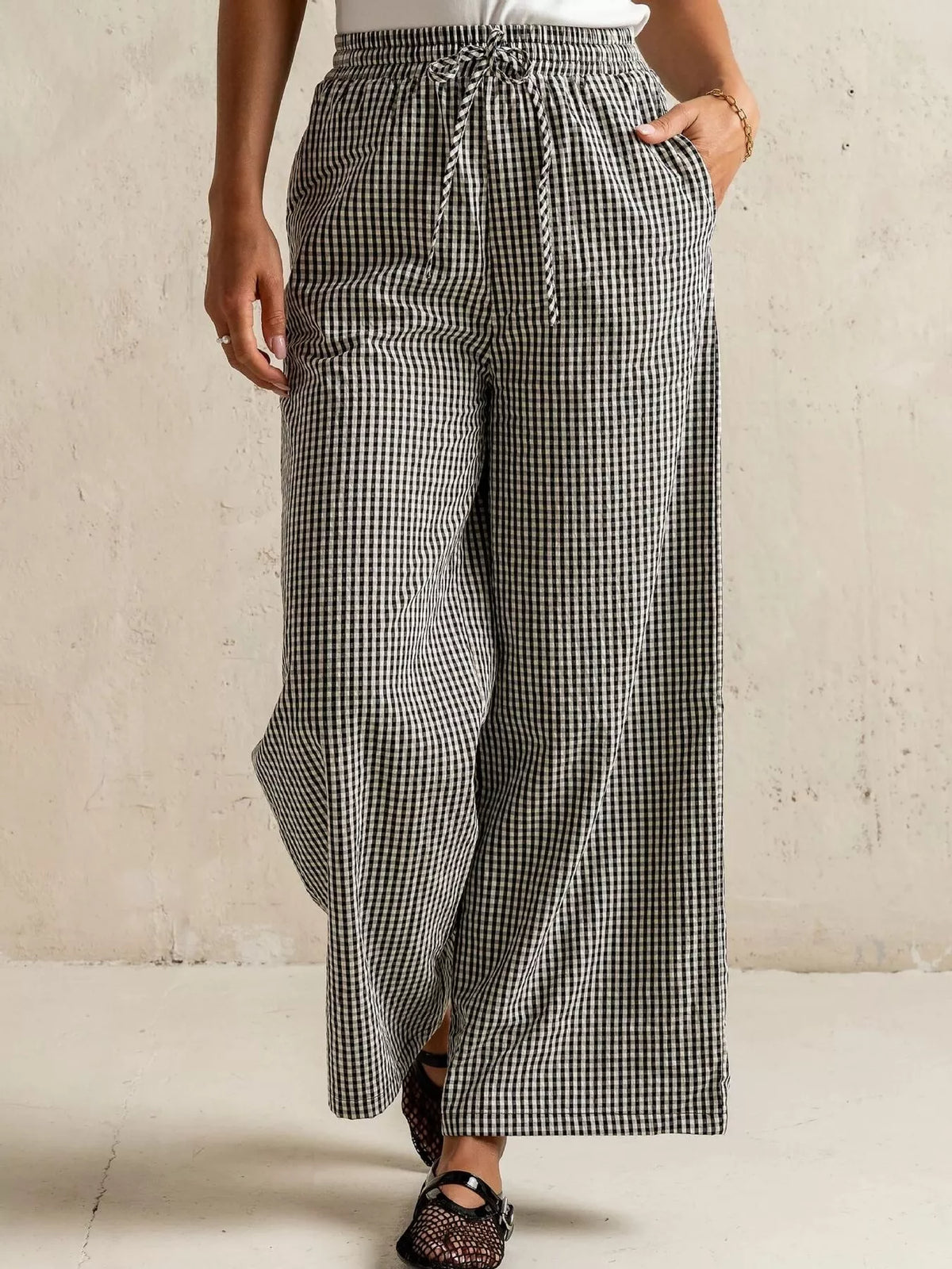 Gingham Wide-Leg Casual Pants