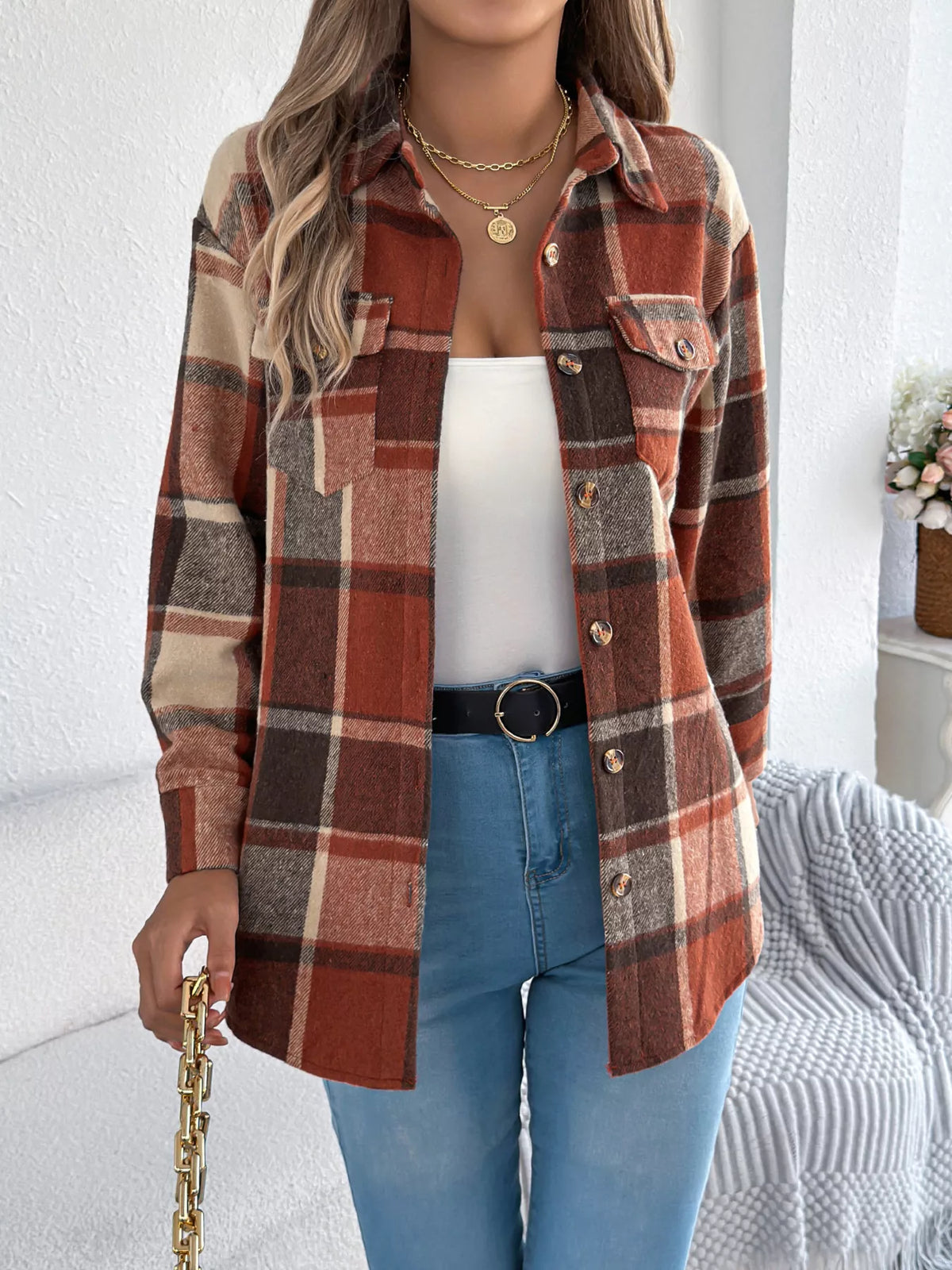 Plaid Button-Down Shacket by Clise