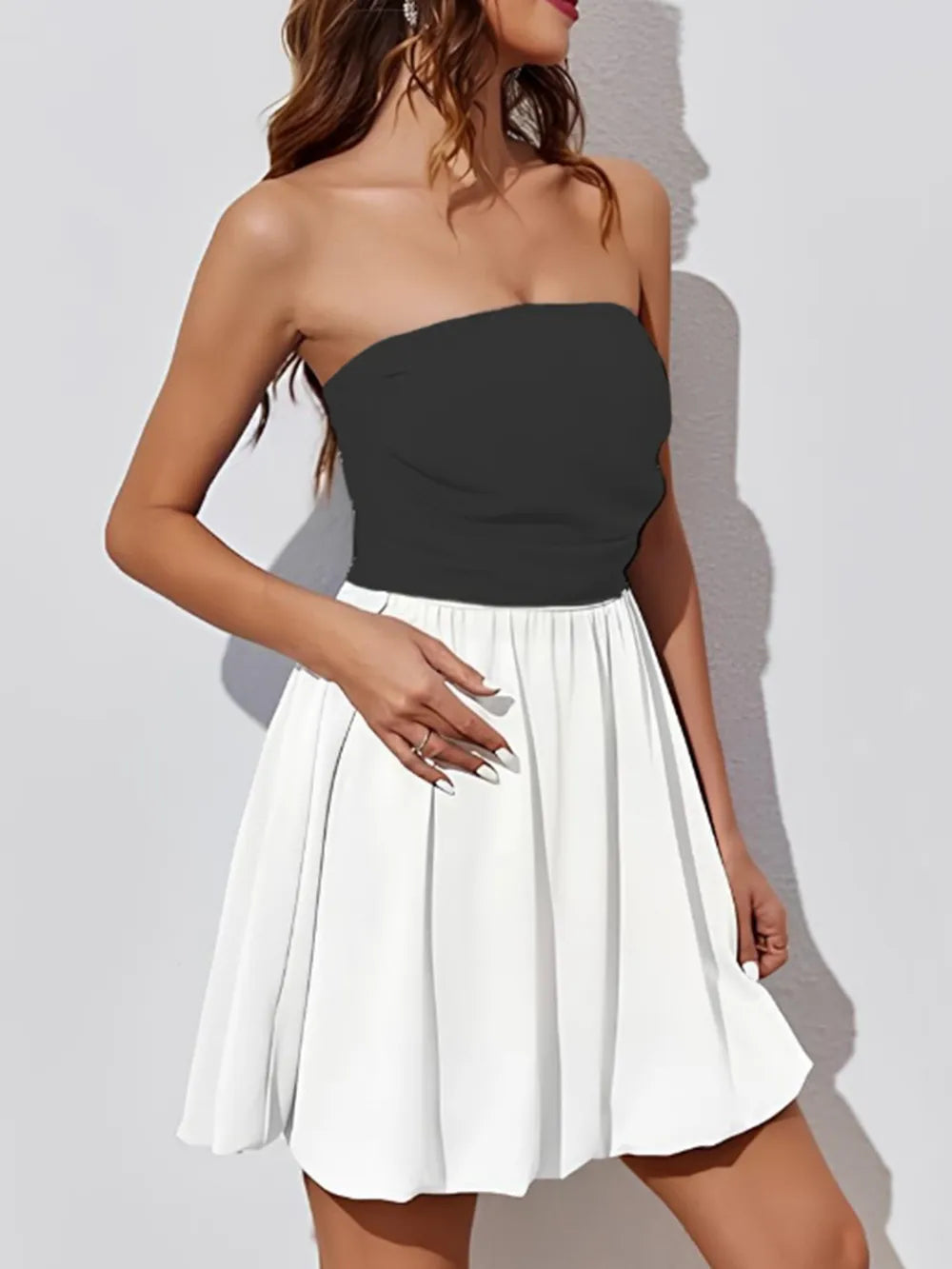 Ruched Tube Mini Dress in White and Black in White/Black