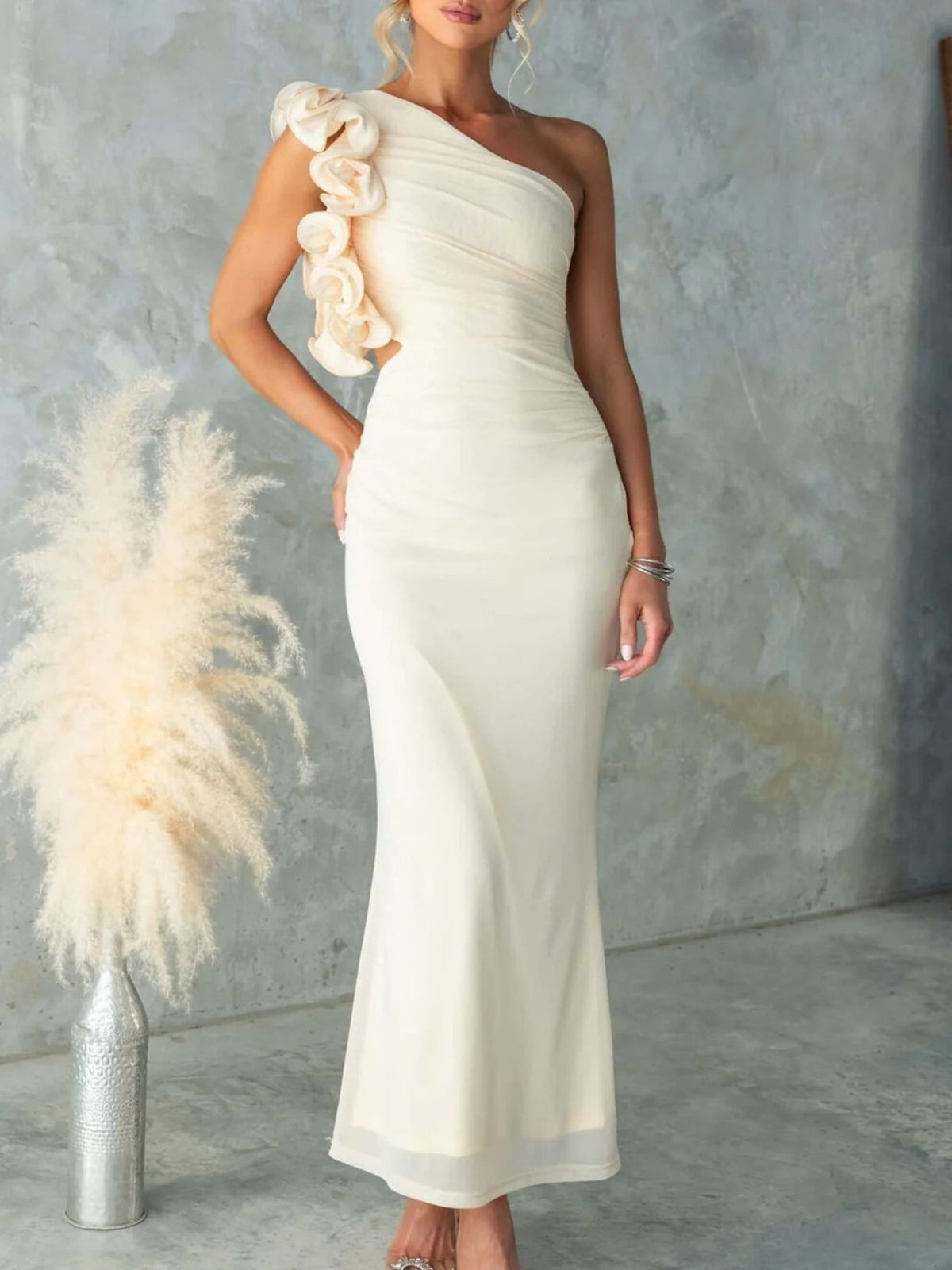 One-Shoulder Floral Trim Maxi Dress