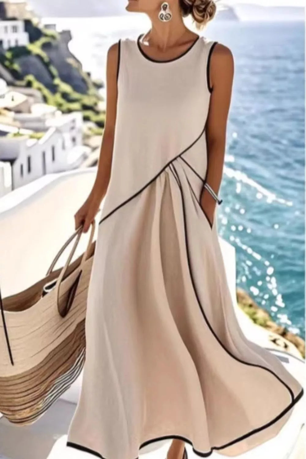 Sleeveless Maxi Dress with Contrast Trim and Pockets