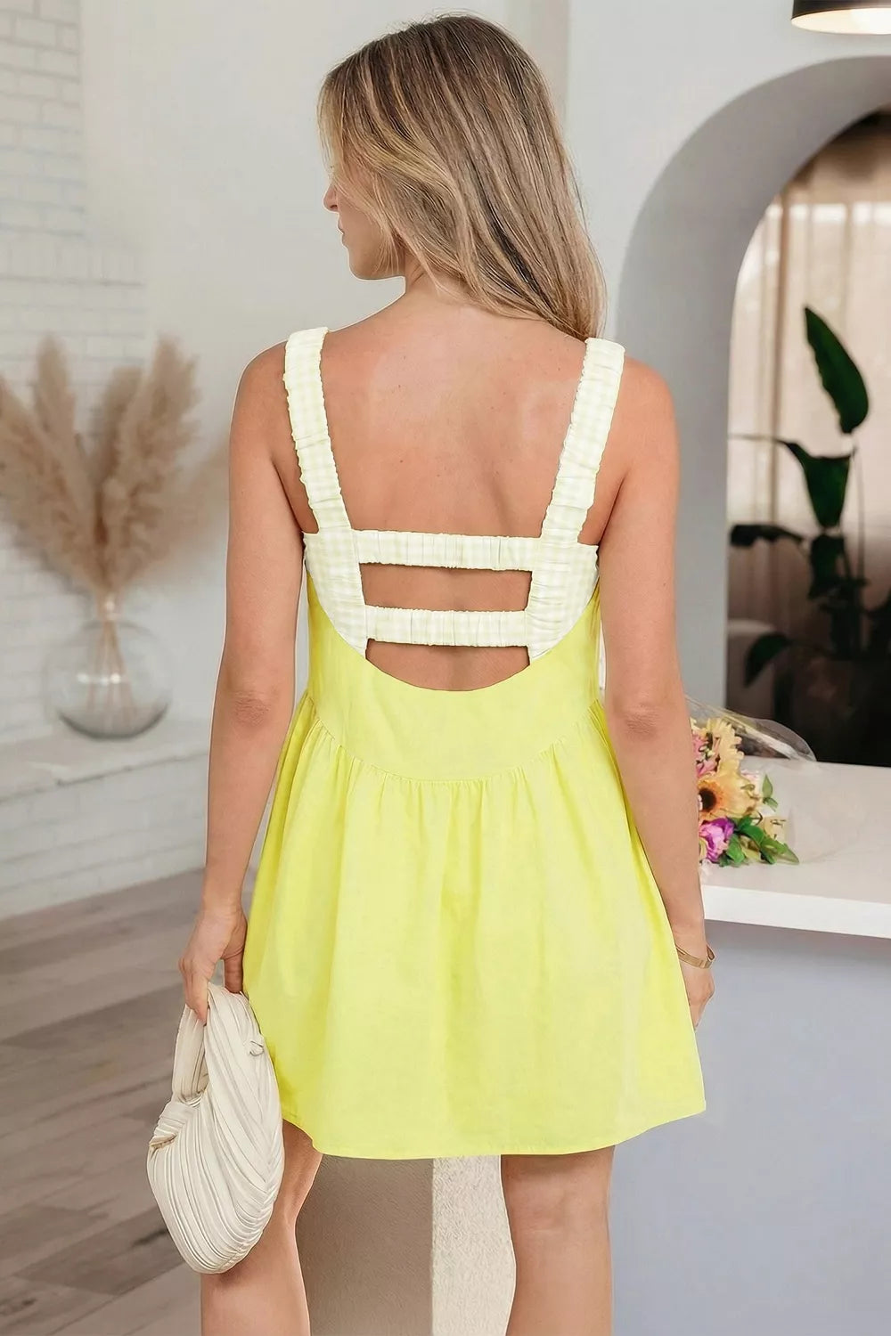Gingham Patchwork Backless Mini Dress in Light Yellow