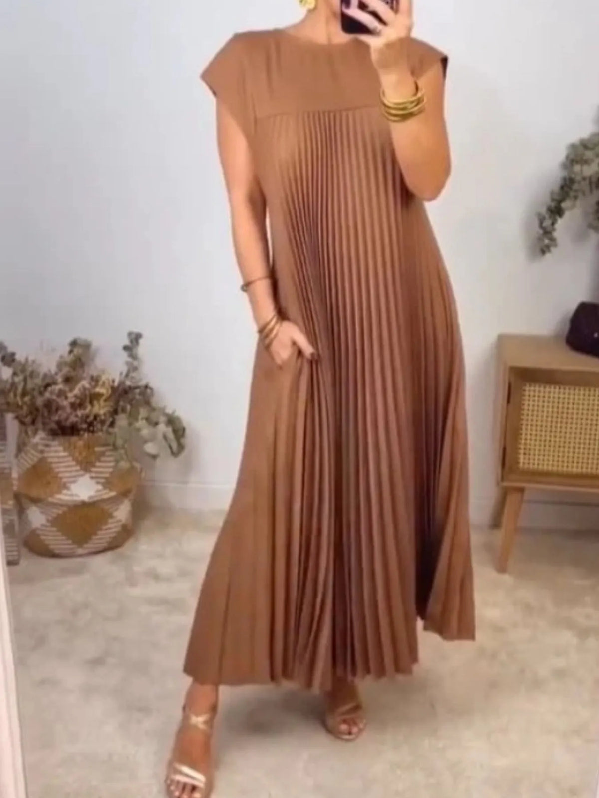 Pleated Round-Neck Maxi Dress with Pockets, Plus Size by Rosaline