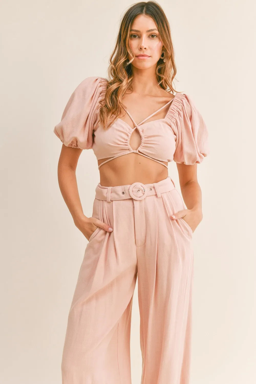 Cutout Drawstring Top and Belted Pants Set in Dusty Pink