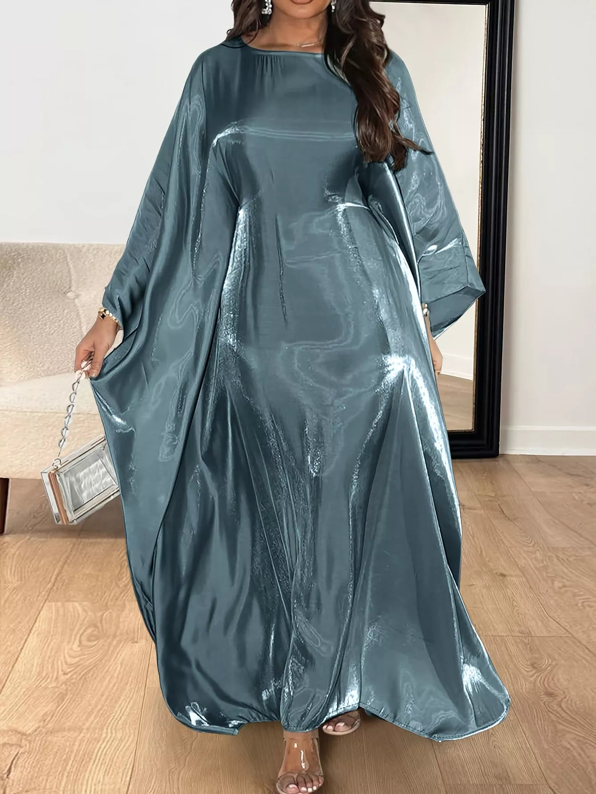 Round Neck Kimono Sleeve Maxi Dress in Deep Teal