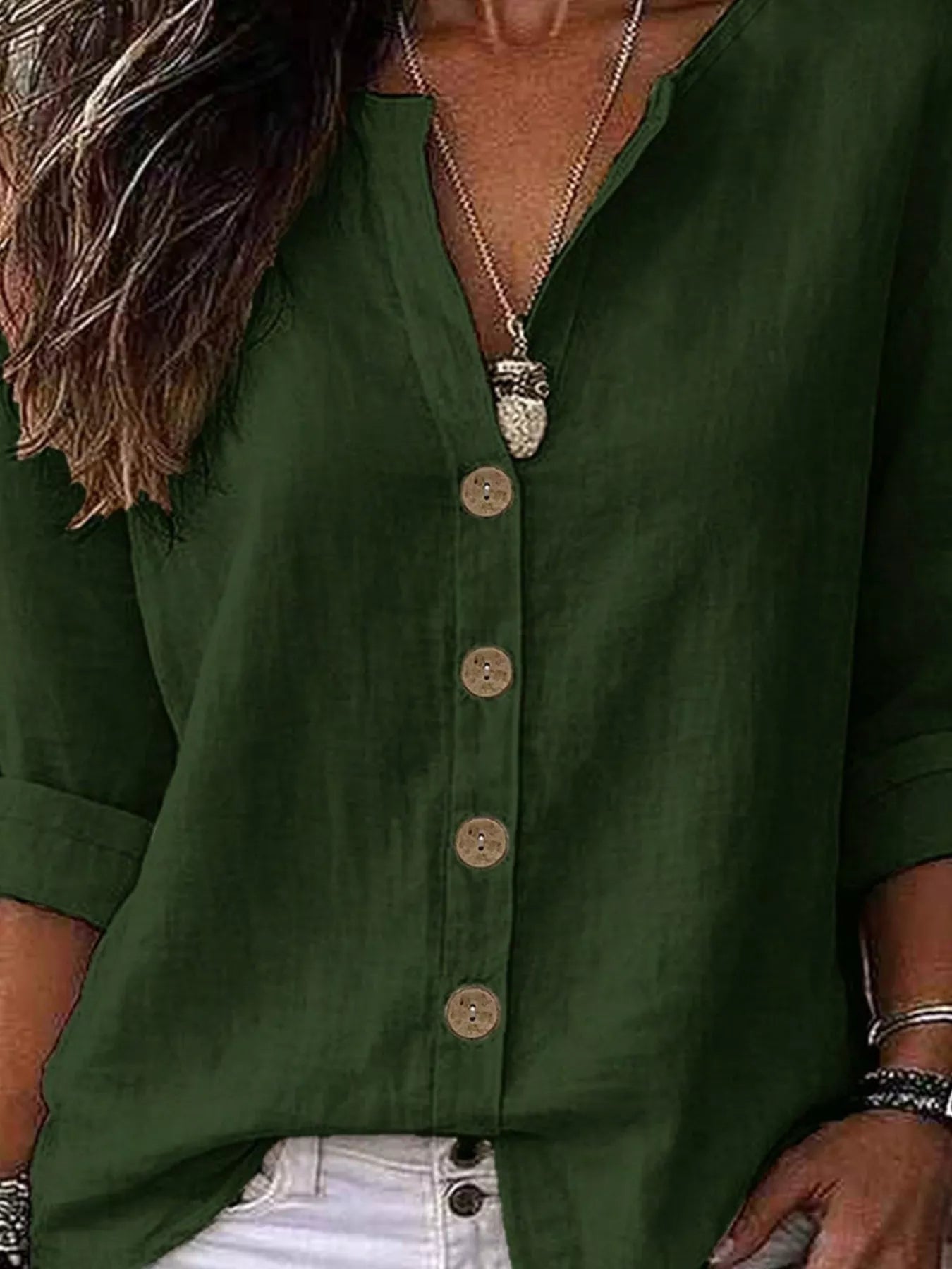 V-Neck Button-Up Long Sleeve Shirt