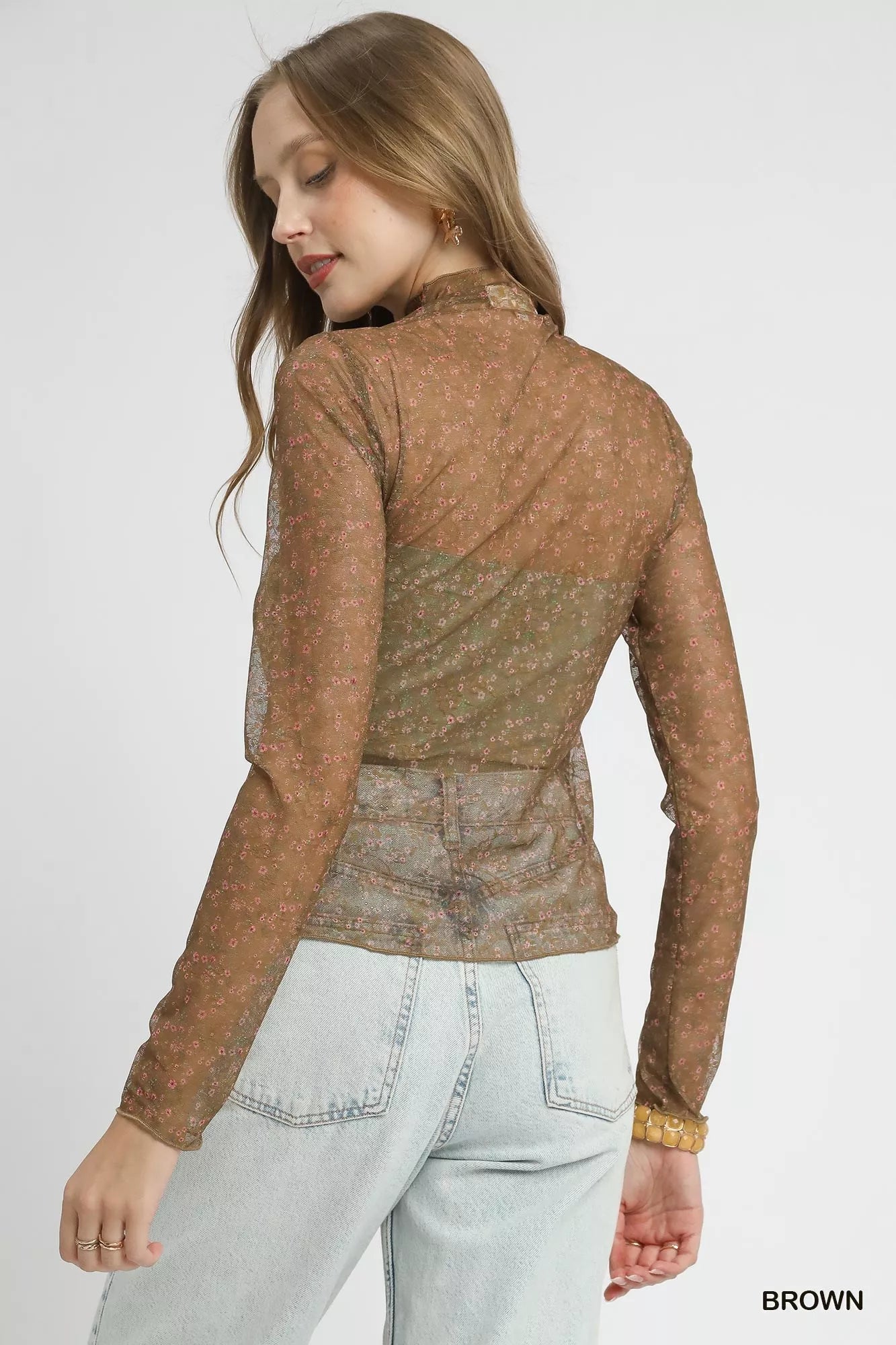 Umgee Lace Mesh Long Sleeve Top in Brown