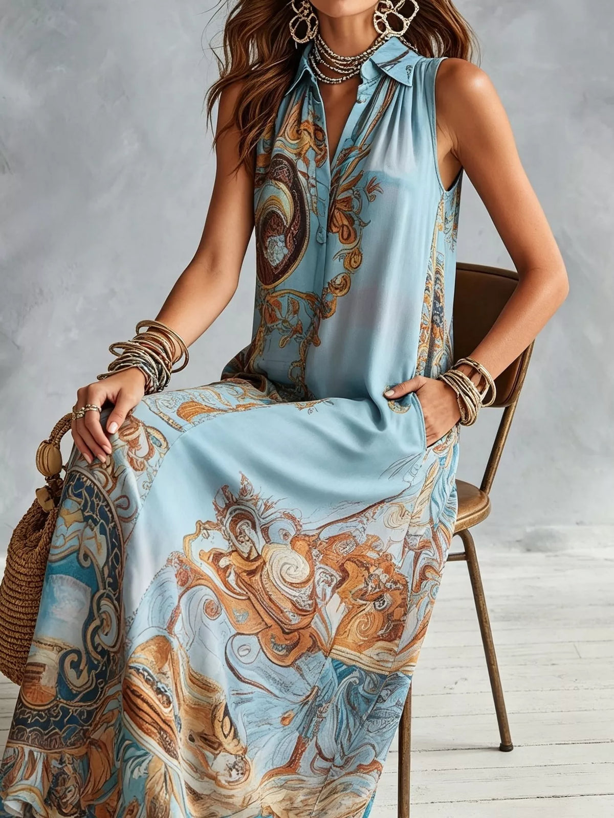 Bohemian Sleeveless Button-Down Maxi Shirt Dress by Kaelinne
