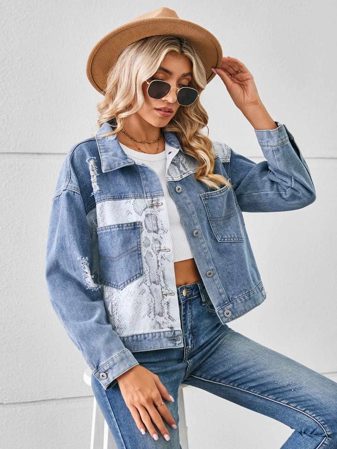 Snake Print Button-Up Denim Jacket by Moni Wear