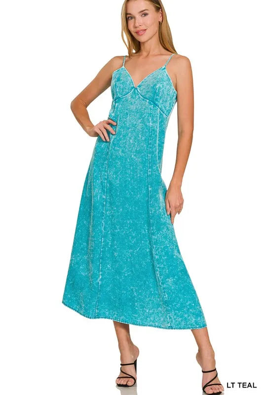 Zenana Tencel Mineral Washed Maxi Dress in Light Teal in Lt teal