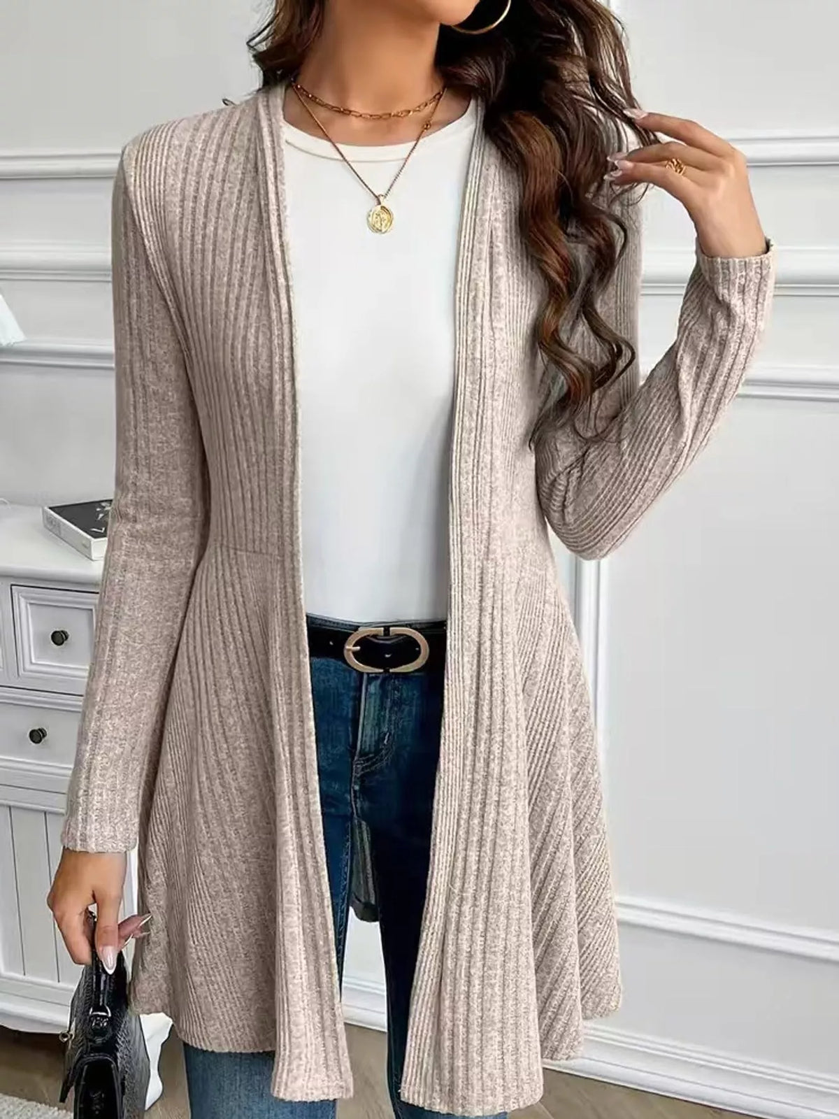 Ribbed Knit Open-Front Cardigan