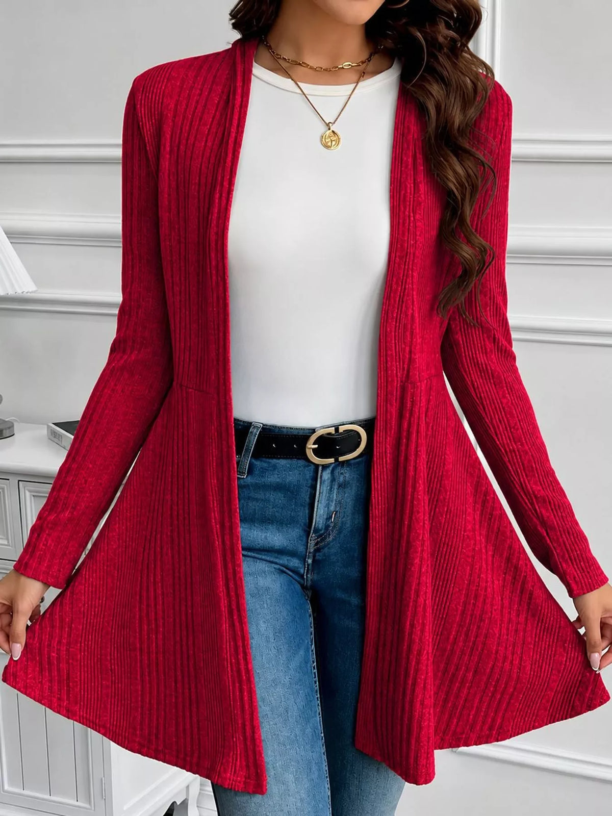 Ribbed Knit Open-Front Cardigan