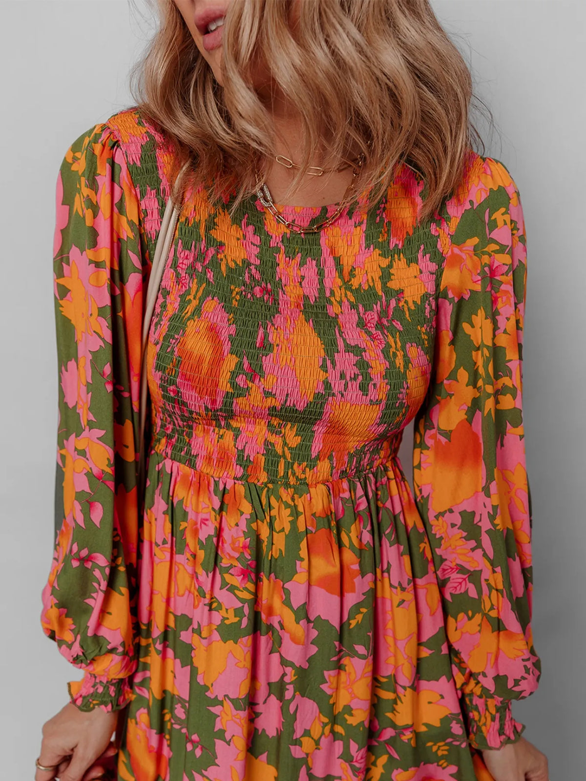Smocked Floral Maxi Dress with Long Sleeves