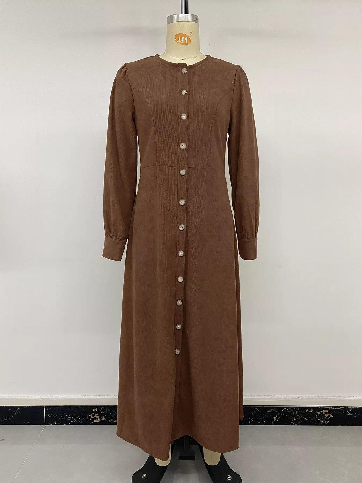 Corduroy Button-Down Maxi Dress in Coffee Brown