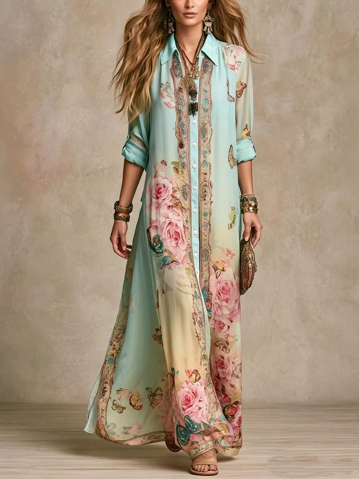 Floral Button-Down Maxi Shirt Dress in Green by Kaelinne