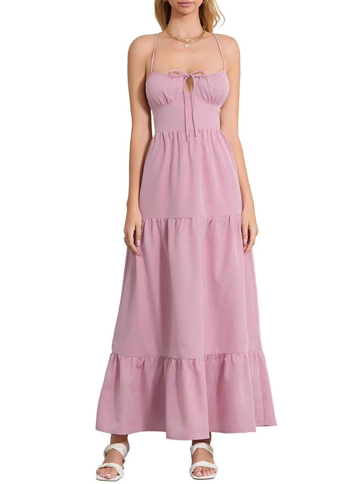 Tiered Lace-Up Spaghetti Strap Maxi Dress
