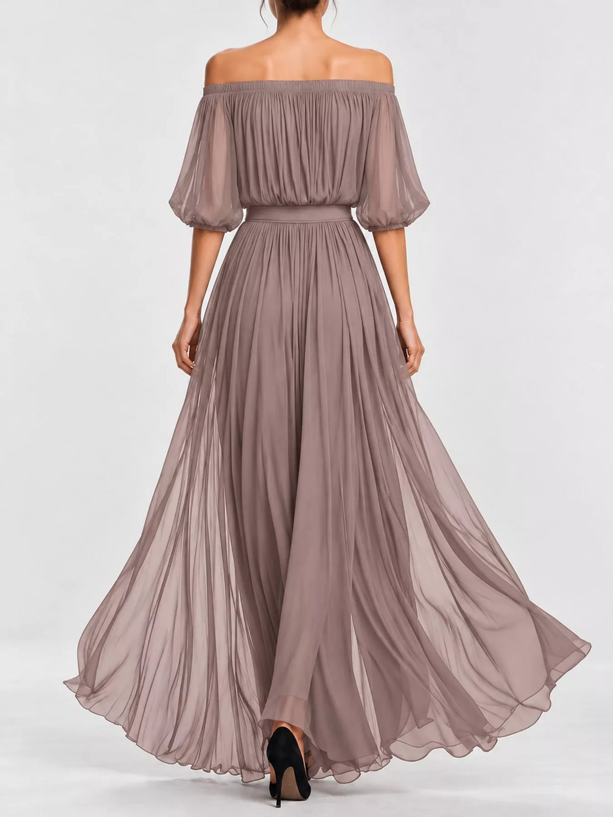 Off-Shoulder Ruched Chiffon Maxi Dress