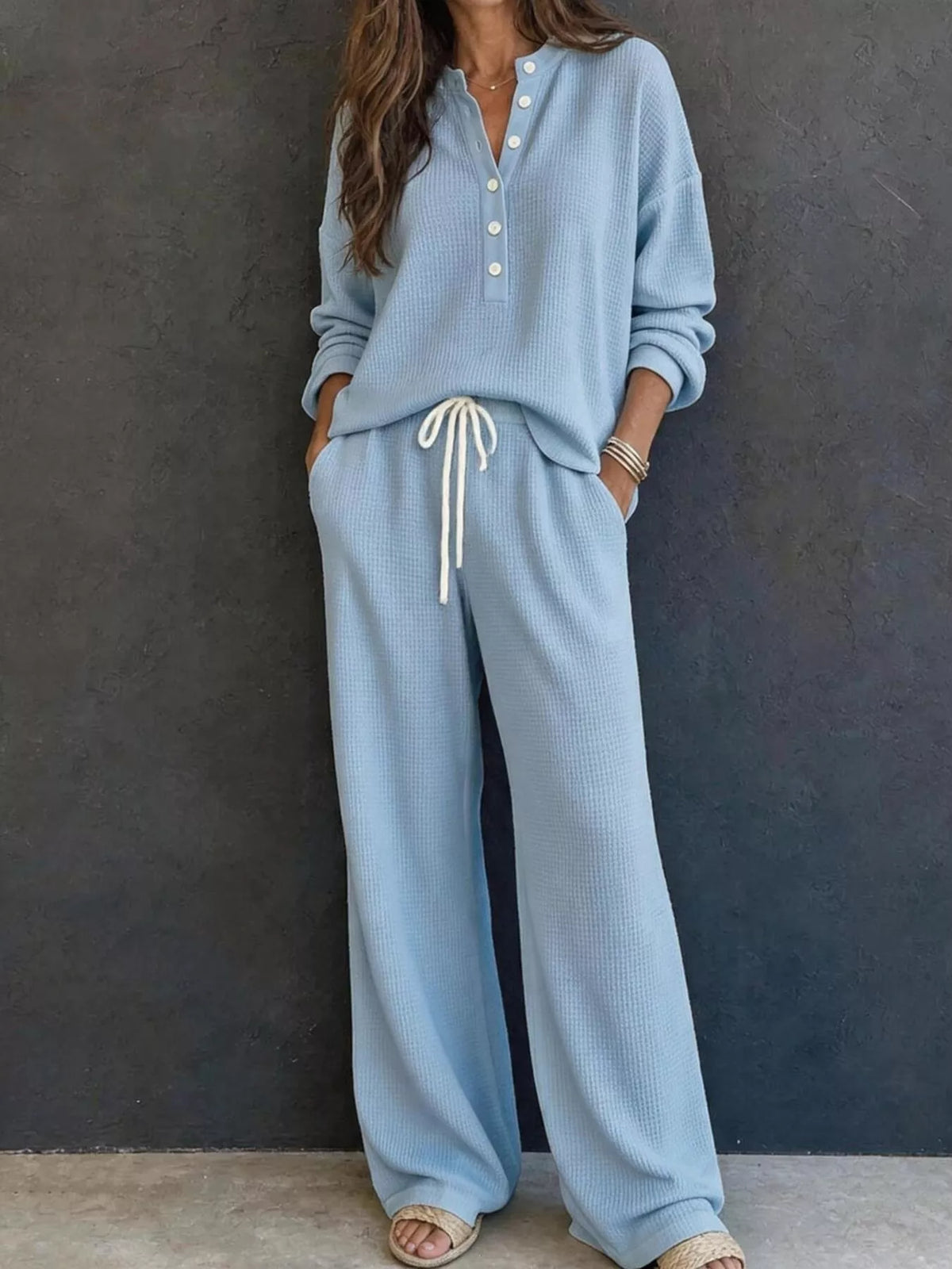 Waffle-Knit Button Detail Top and Pants Set