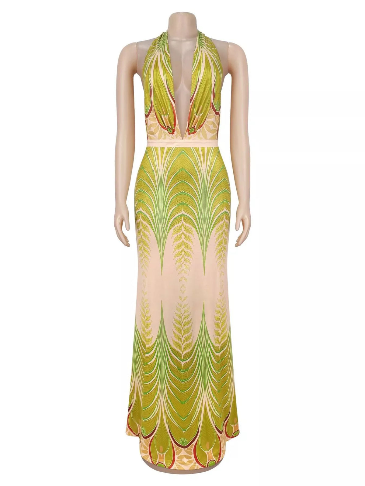 Halter Neck Maxi Dress with Gradient Leaf Print in Yellow-Green